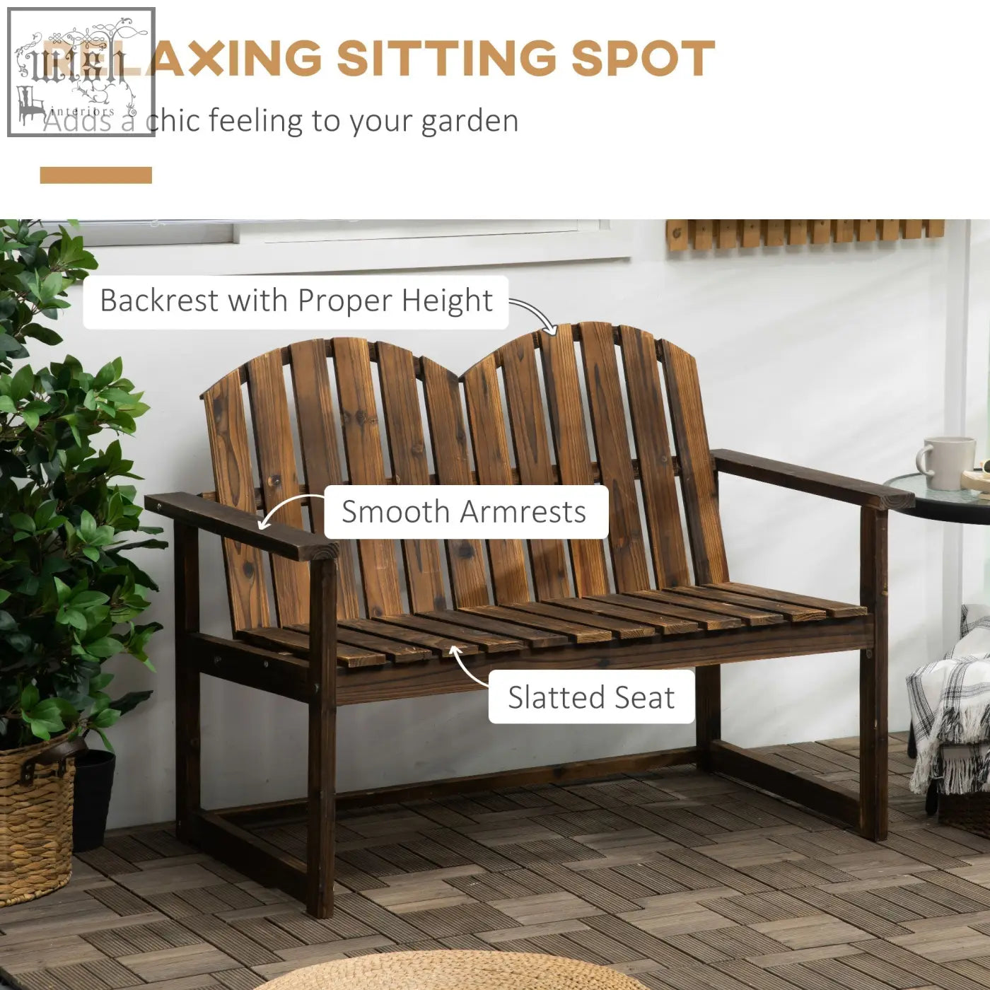 Dark brown solid fir wood adirondack garden bench with slatted seat and carbonised finish for outdoor use