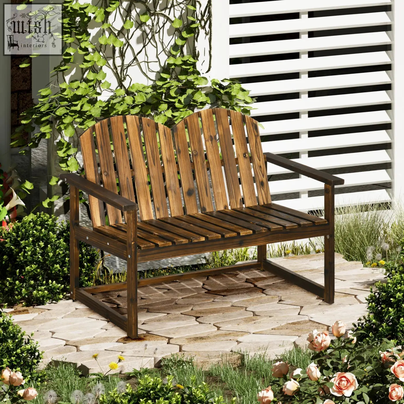 Dark brown adirondack style outsunny bench with slatted back and armrests made of solid fir wood with carbonised finish
