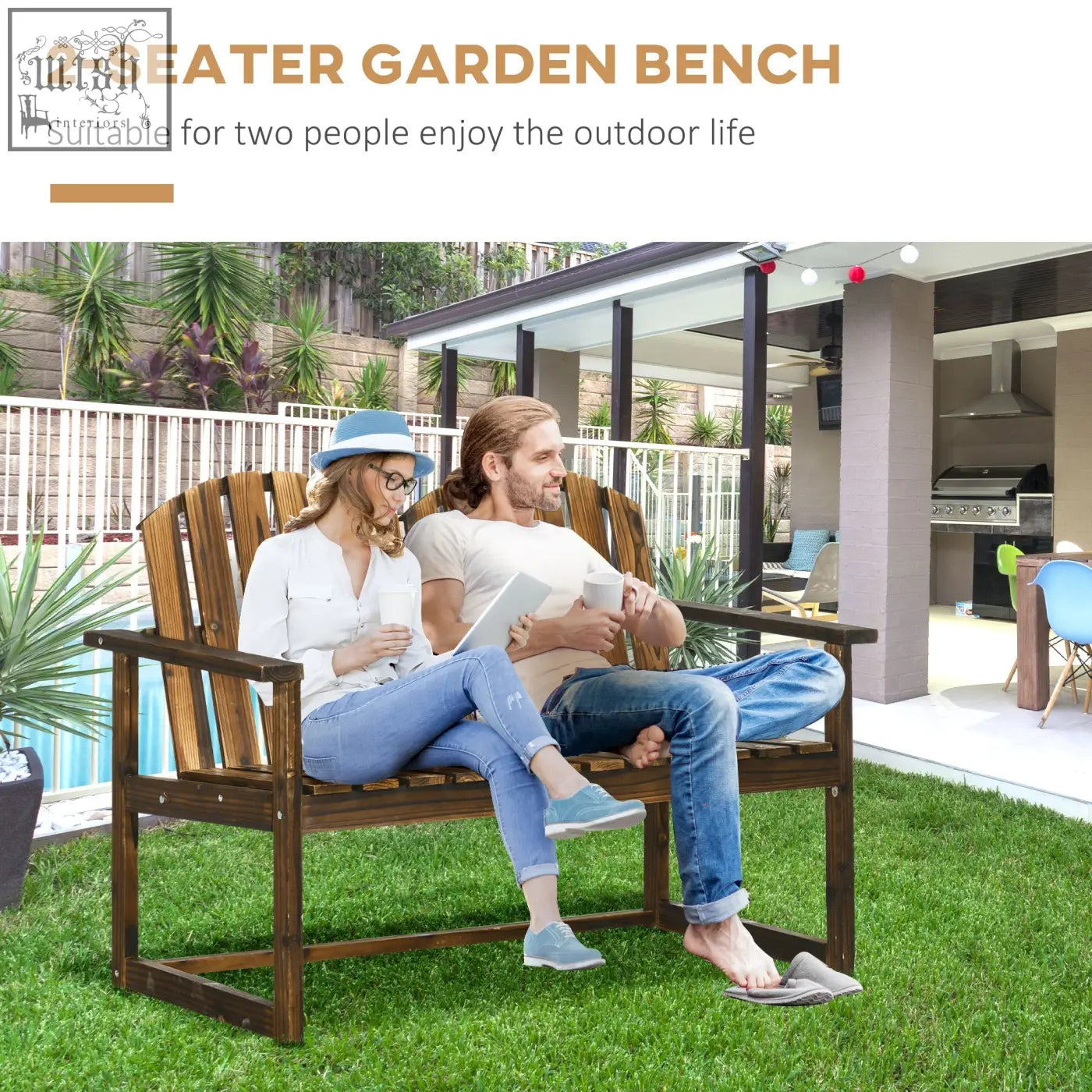 Dark brown 2-seater wooden garden bench with slatted back and armrests made of solid fir wood with carbonised finish