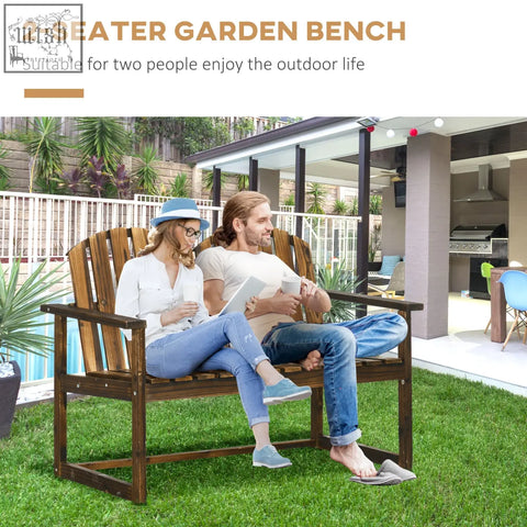 Dark brown 2-seater wooden garden bench with slatted back and armrests made of solid fir wood with carbonised finish