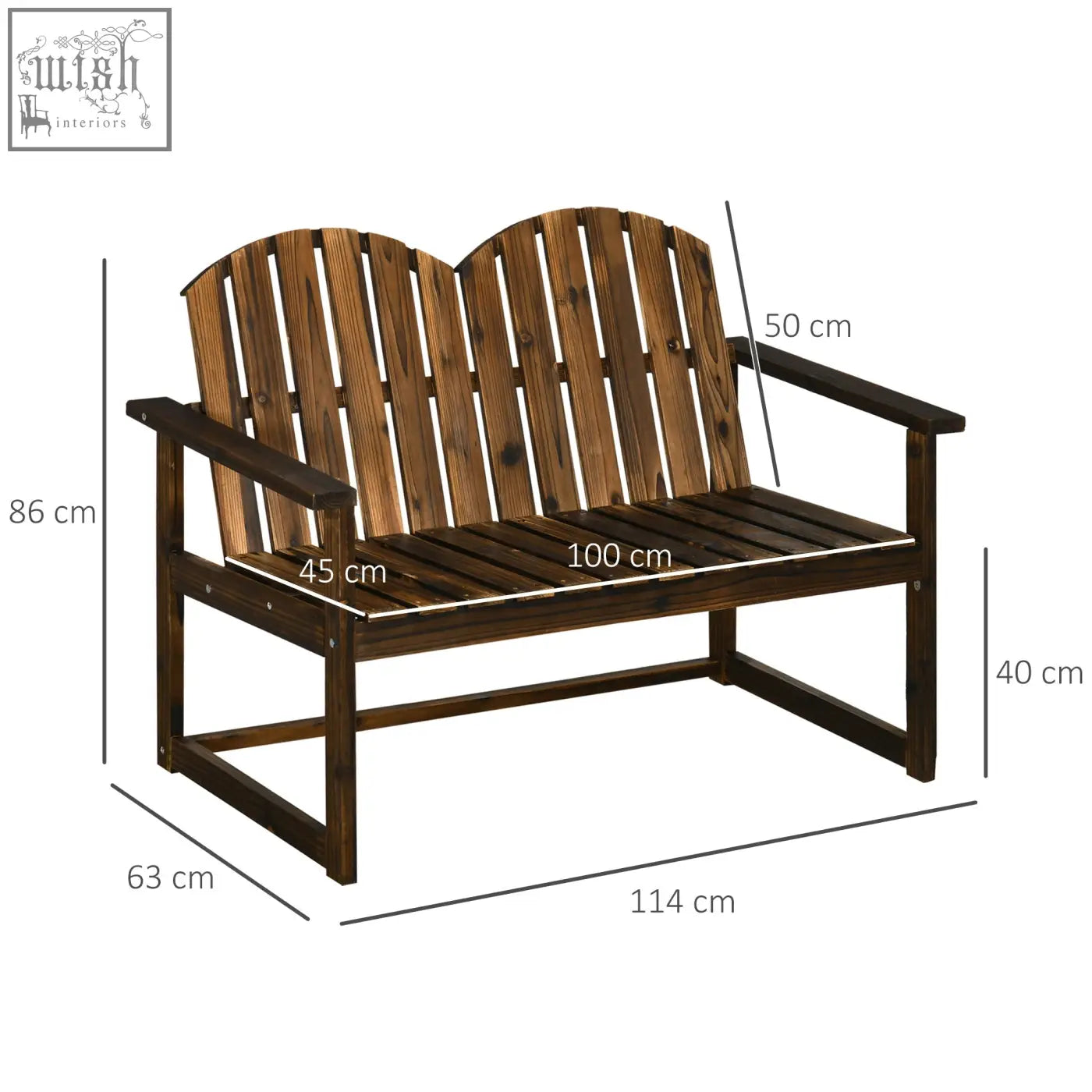 Dark brown solid fir wood outdoor bench with arched slatted backrest and carbonised finish for yard and porch seating
