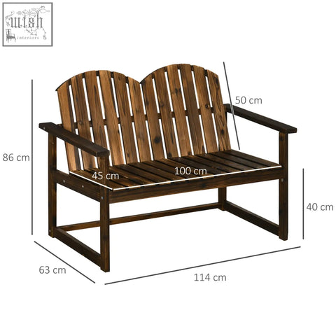 Dark brown solid fir wood outdoor bench with arched slatted backrest and carbonised finish for yard and porch seating