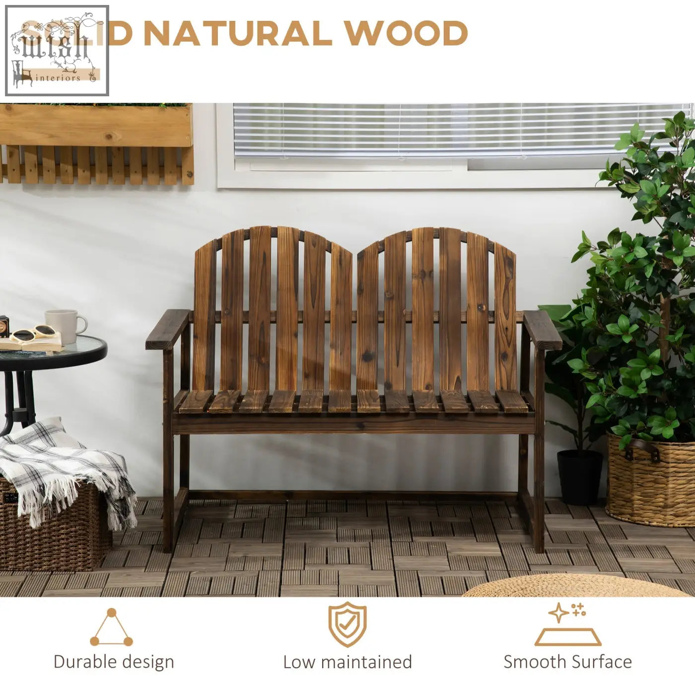 Dark brown solid fir wood adirondack bench with arched slatted back and carbonised finish for outdoor use