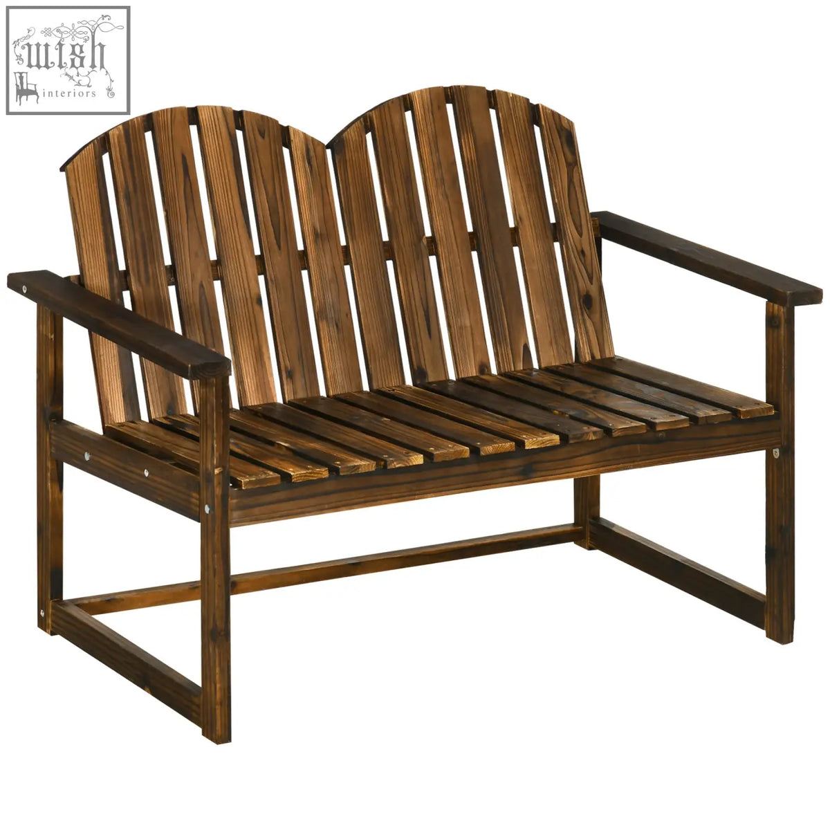 Dark brown adirondack-style outsunny outdoor garden bench with solid fir wood slatted back and carbonised finish