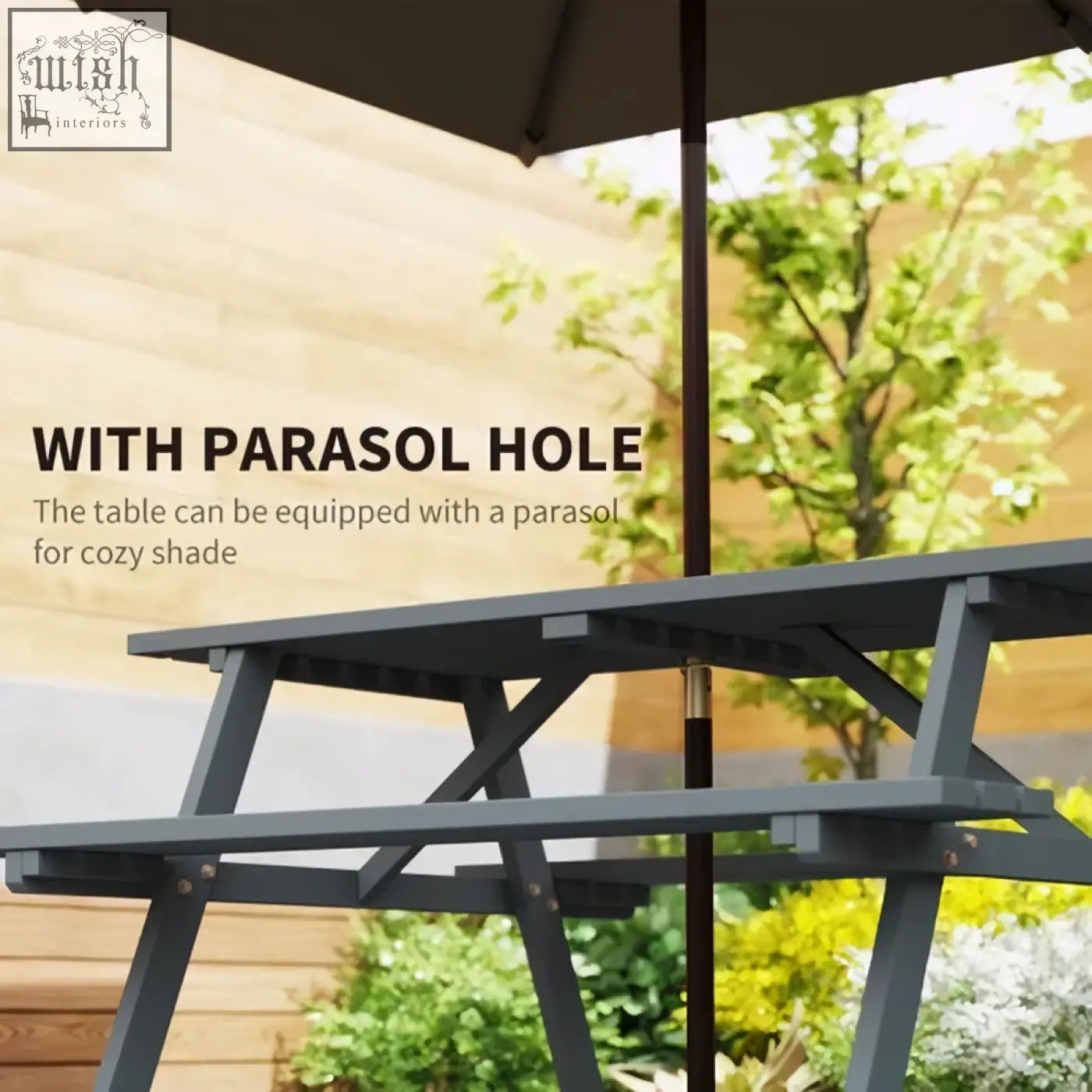 Gray metal picnic table with parasol hole for outdoor shade by Outsunny wooden picnic table bench for 4 seats