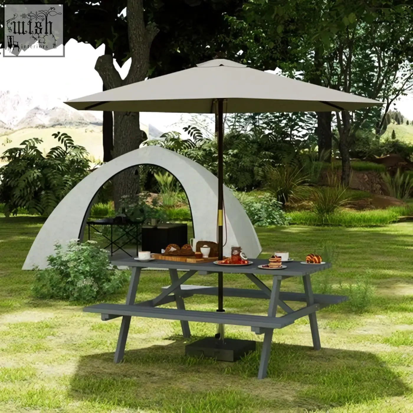 Gray wooden picnic table with attached benches and beige umbrella in parasol hole for garden patio seating