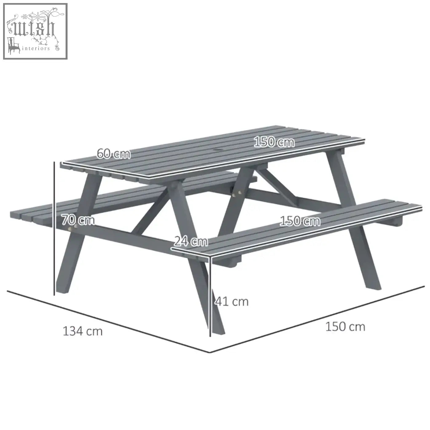 Gray plastic picnic table with slatted top and bench seats and parasol hole for outdoor wooden picnic use
