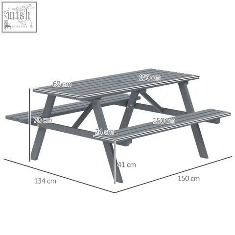 Gray plastic picnic table with slatted top and bench seats and parasol hole for outdoor wooden picnic use