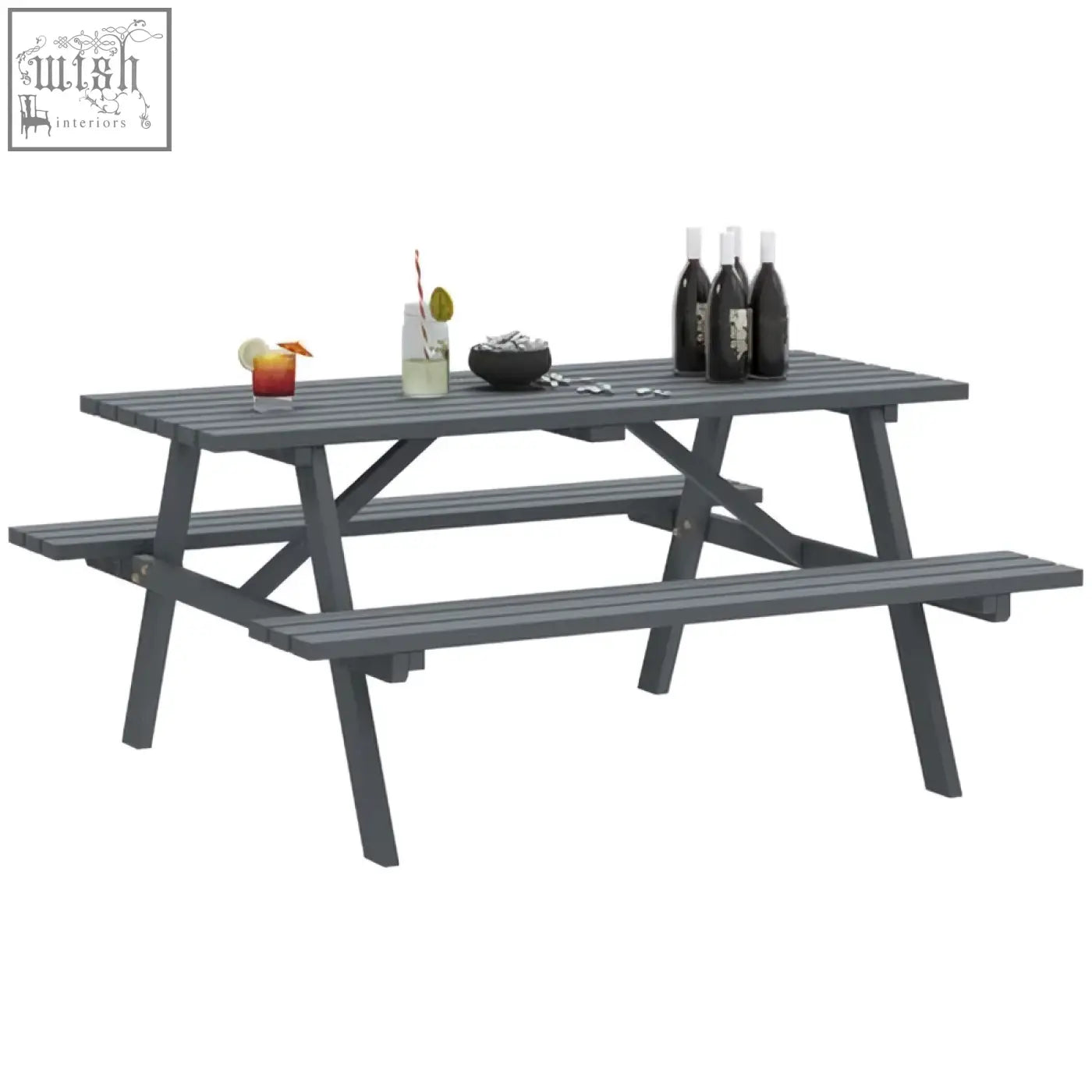 Gray plastic picnic table with attached benches featuring parasol hole for outdoor use in garden patio setting