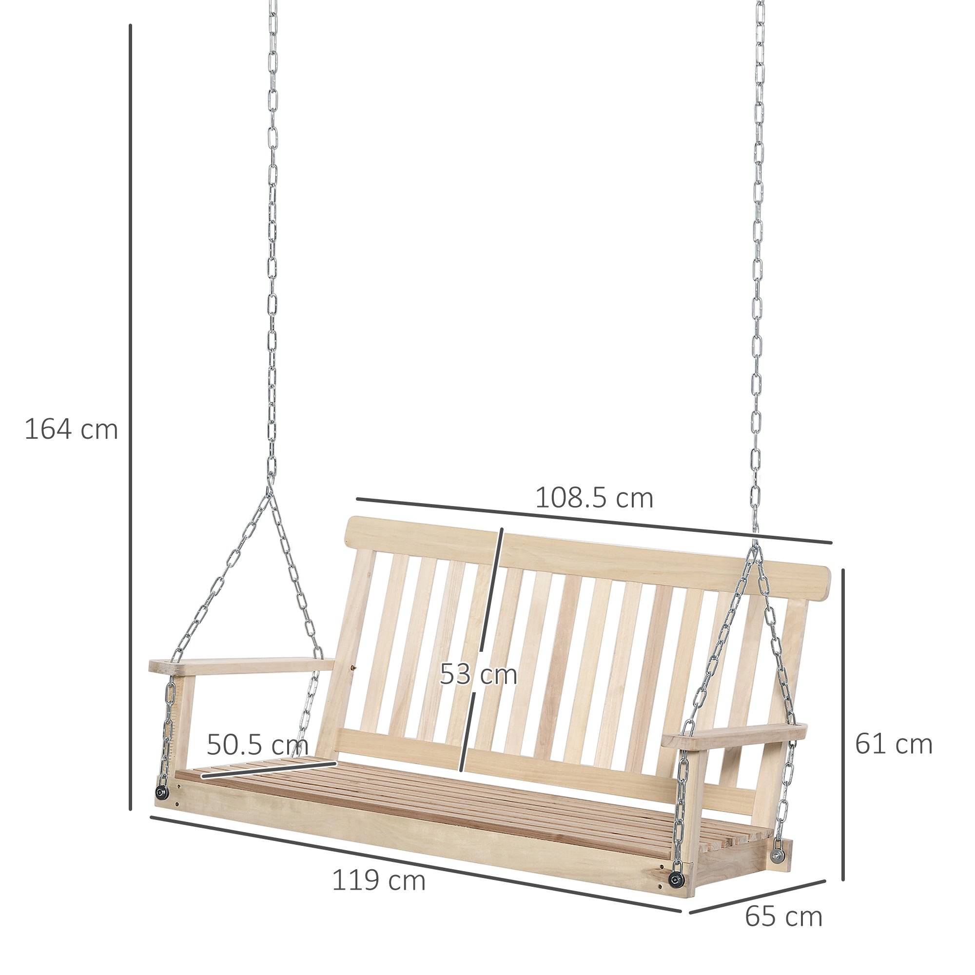 Outsunny outdoor wooden swing bench 2-seater porch swing chair in natural fir wood with metal chains for outdoor spaces
