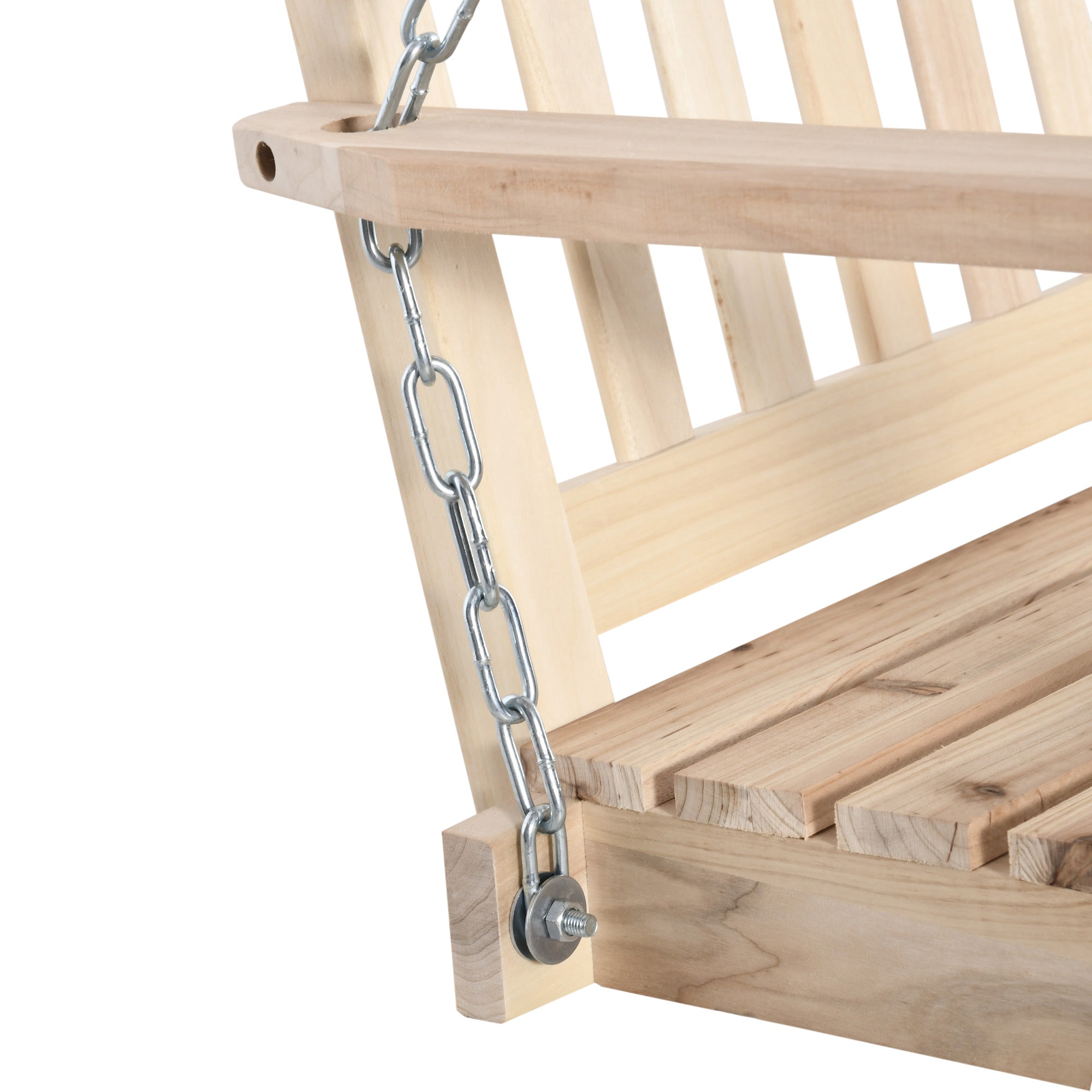 Light-colored fir wood outdoor swing chair with slatted seat and back suspended by metal chains for outdoor spaces