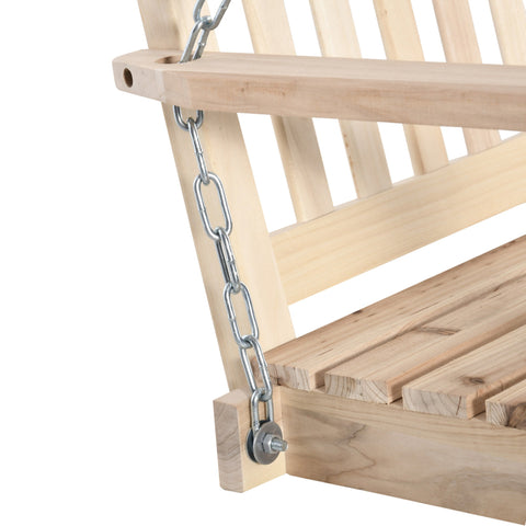Light-colored fir wood outdoor swing chair with slatted seat and back suspended by metal chains for outdoor spaces