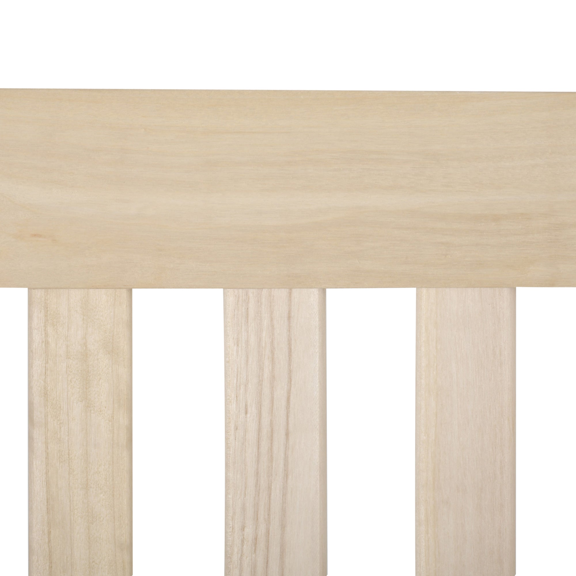 Light-colored fir wood outdoor swing chair with horizontal top rail and four vertical slats for outdoor spaces