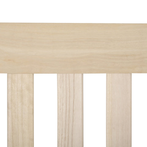 Light-colored fir wood outdoor swing chair with horizontal top rail and four vertical slats for outdoor spaces