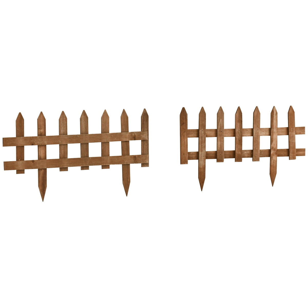 Two natural brown wooden garden trellises with pointed pickets made of fir wood for lawn edging and flowerbeds