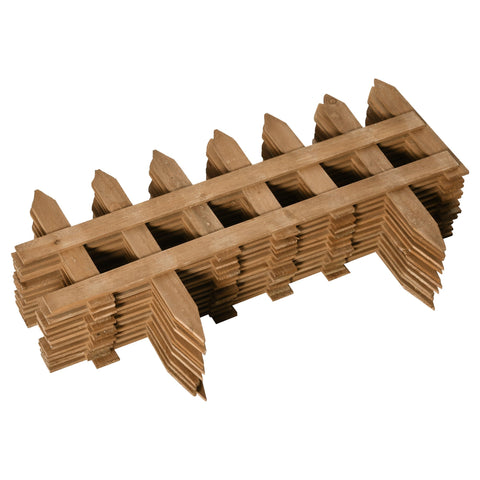 Stack of light brown fir wood garden trellis panels with pointed tops for lawn edging and flowerbed borders