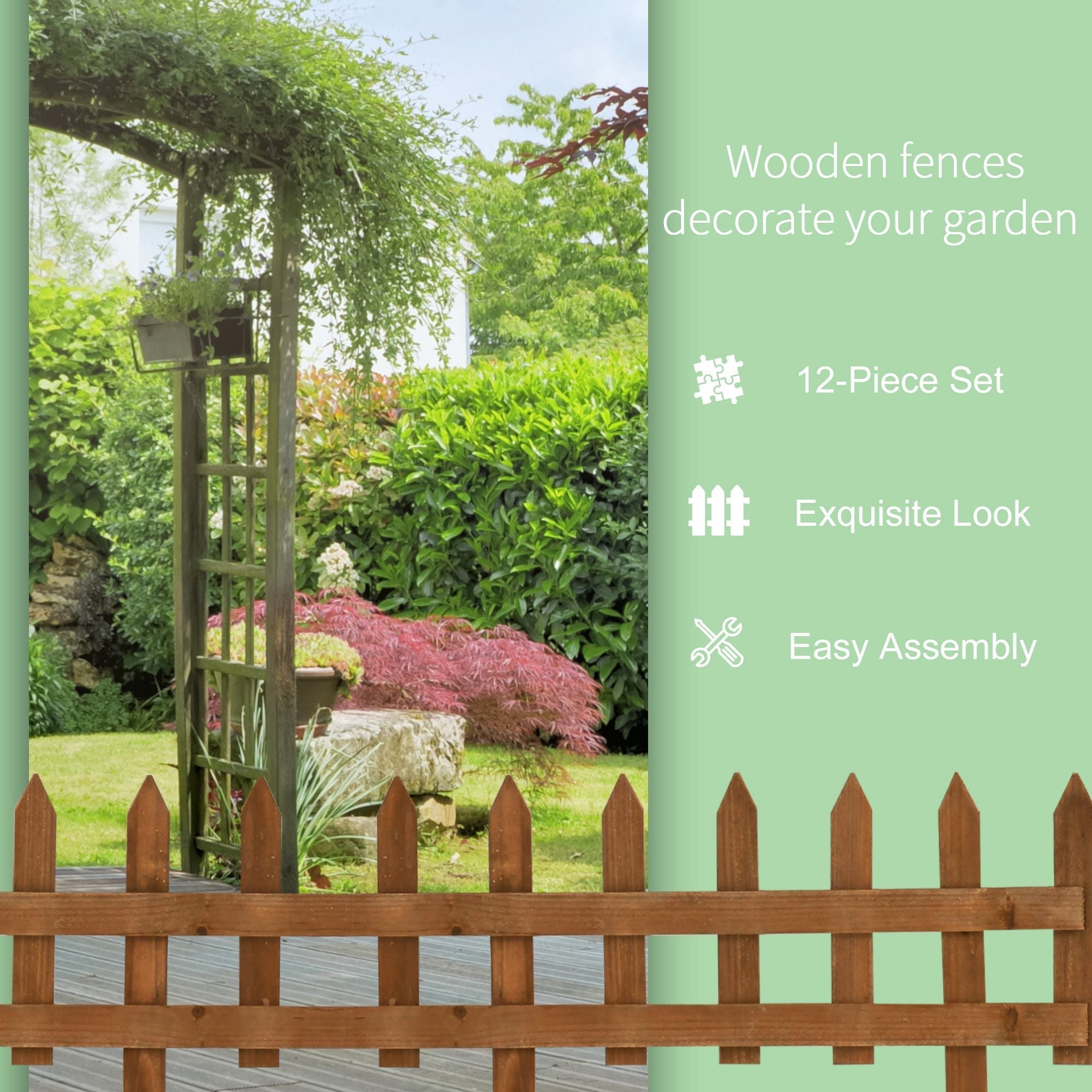 Brown fir wood picket fence with pointed tops and horizontal slats for garden lawn edging and flowerbeds