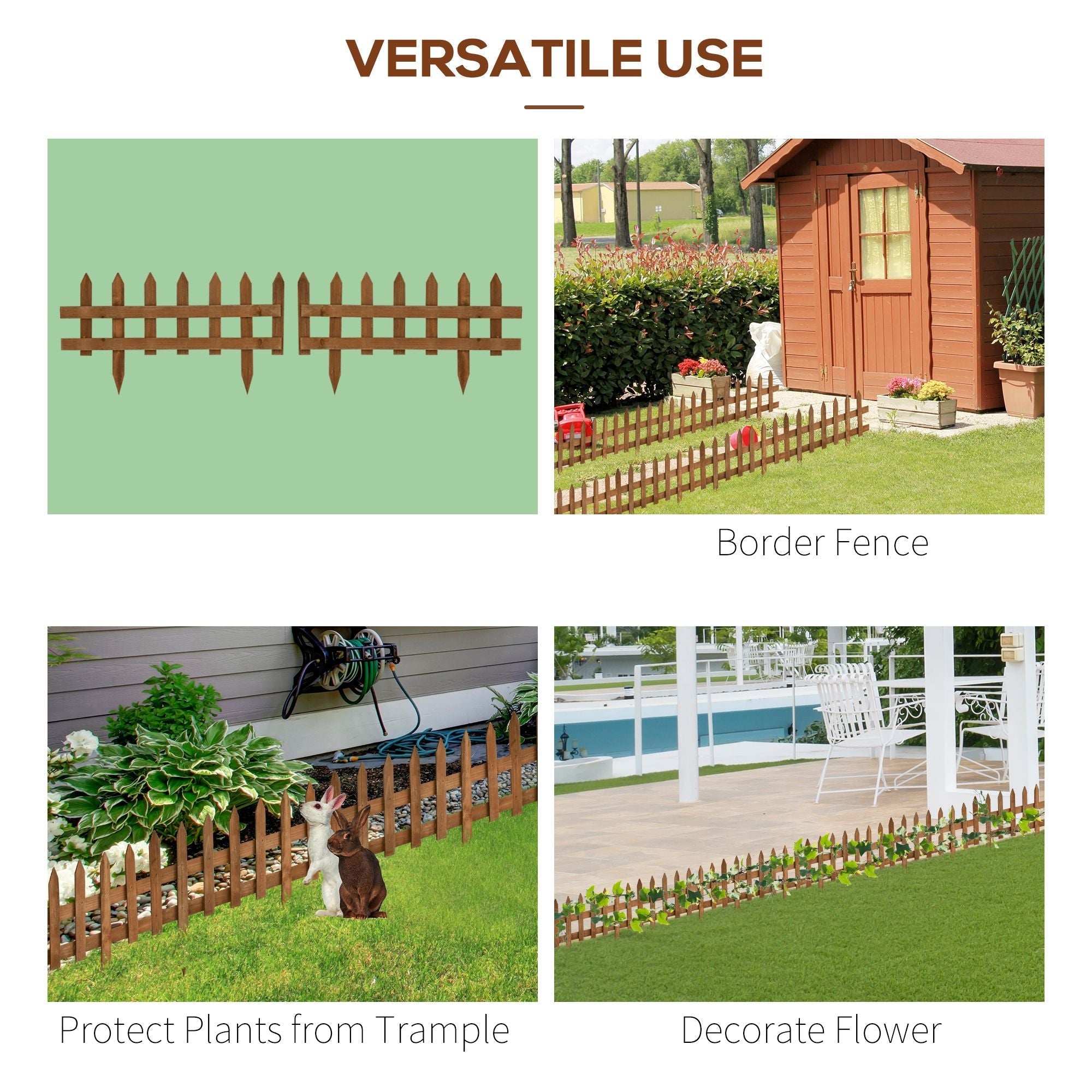 Brown fir wood picket border fence pack of 12 for lawn edging and flowerbed garden fixed fencing