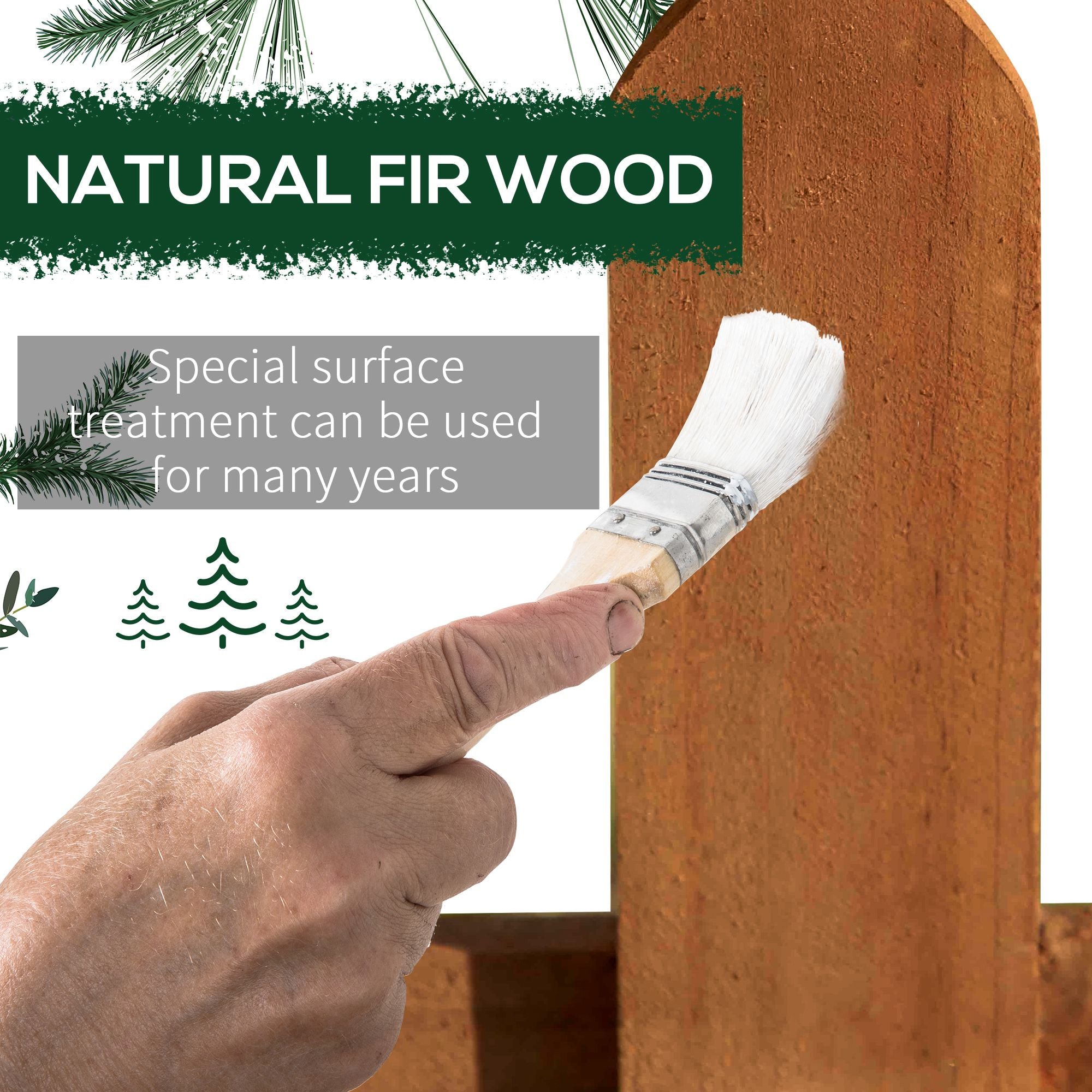 A hand applies surface treatment to a natural fir wood post in outsunny brown wooden border fence pack for lawn edging