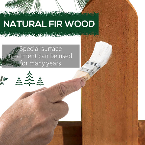 A hand applies surface treatment to a natural fir wood post in outsunny brown wooden border fence pack for lawn edging
