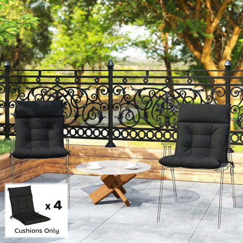 Black quilted outdoor seat cushions set of 4 with triple-section design and sturdy metal frame for patio chairs