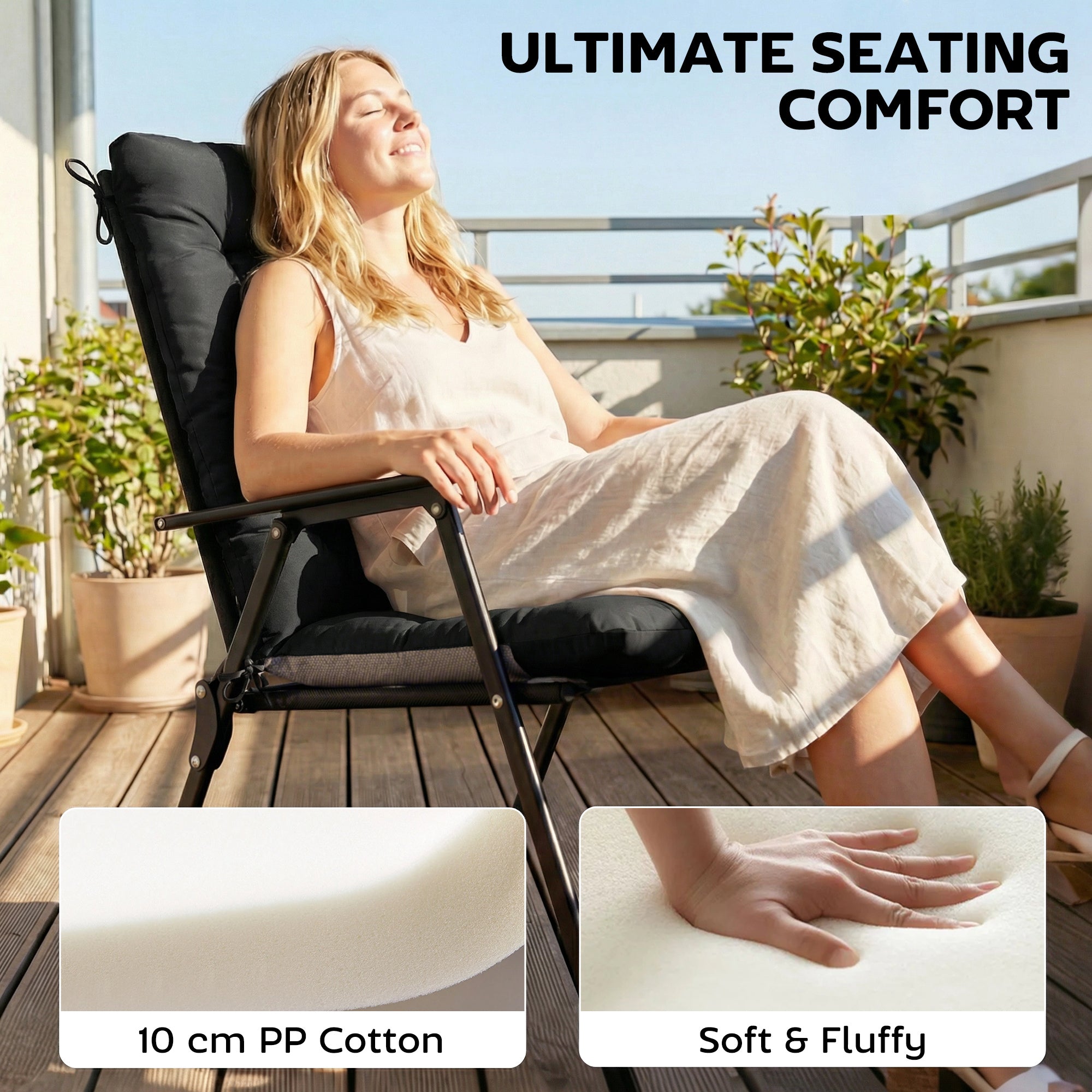 Black outdoor folding chair with plush waterproof seat cushion featuring triple-section design for comfy outdoor seat