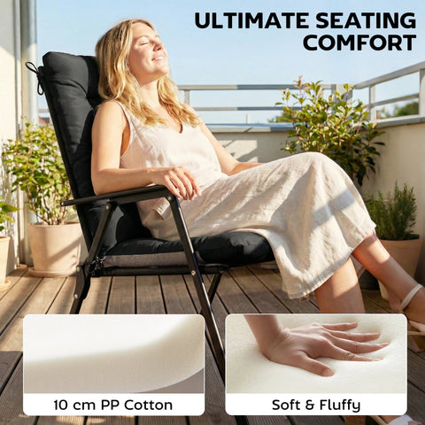 Black outdoor folding chair with plush waterproof seat cushion featuring triple-section design for comfy outdoor seat
