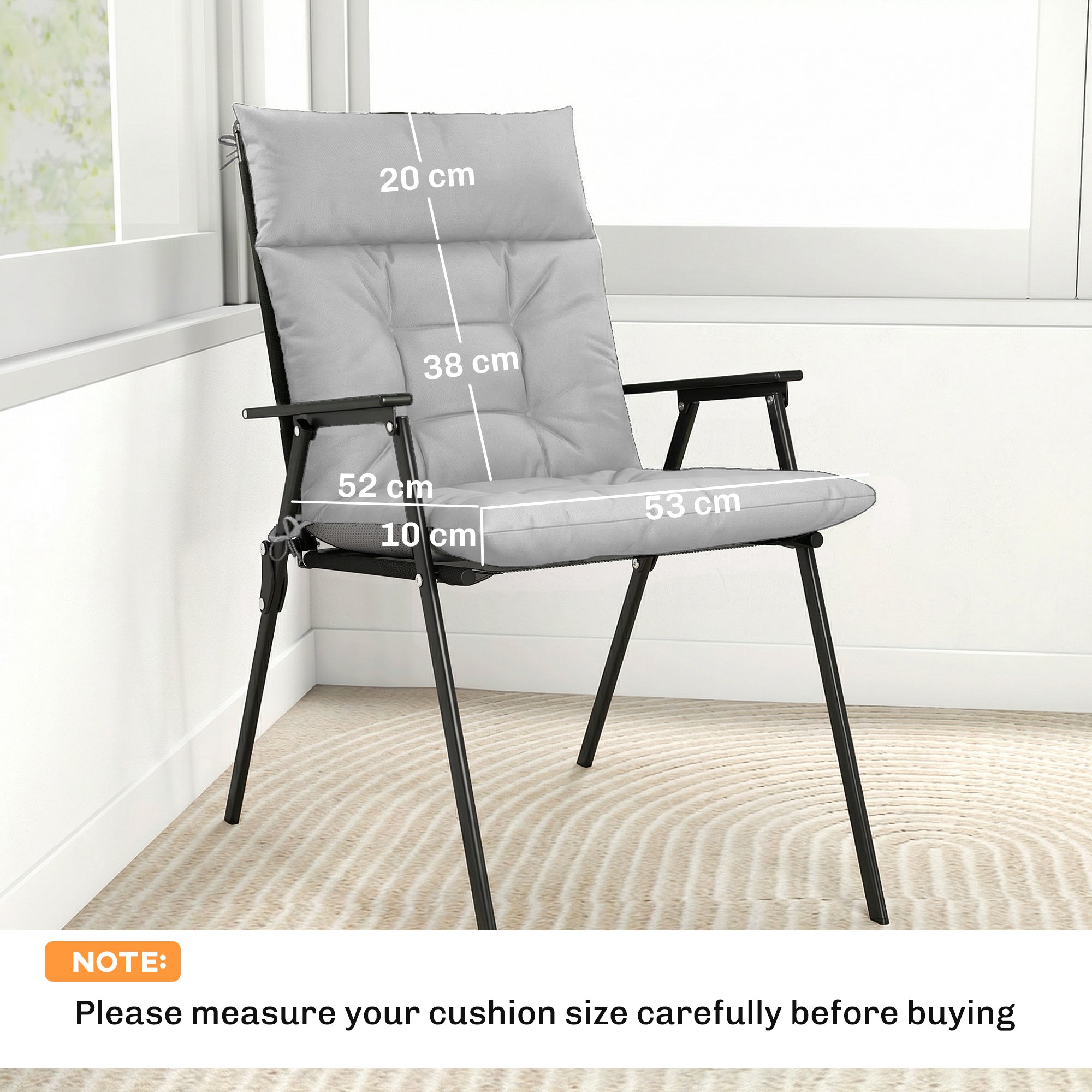Gray cushioned outdoor seat with black metal frame and foldable legs featuring a light grey triple-section seat cushion