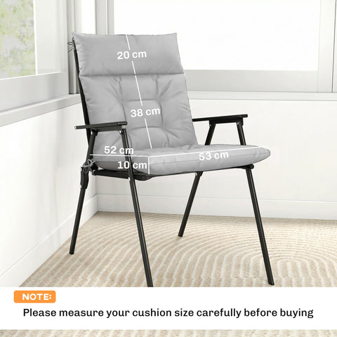 Gray cushioned outdoor seat with black metal frame and foldable legs featuring a light grey triple-section seat cushion