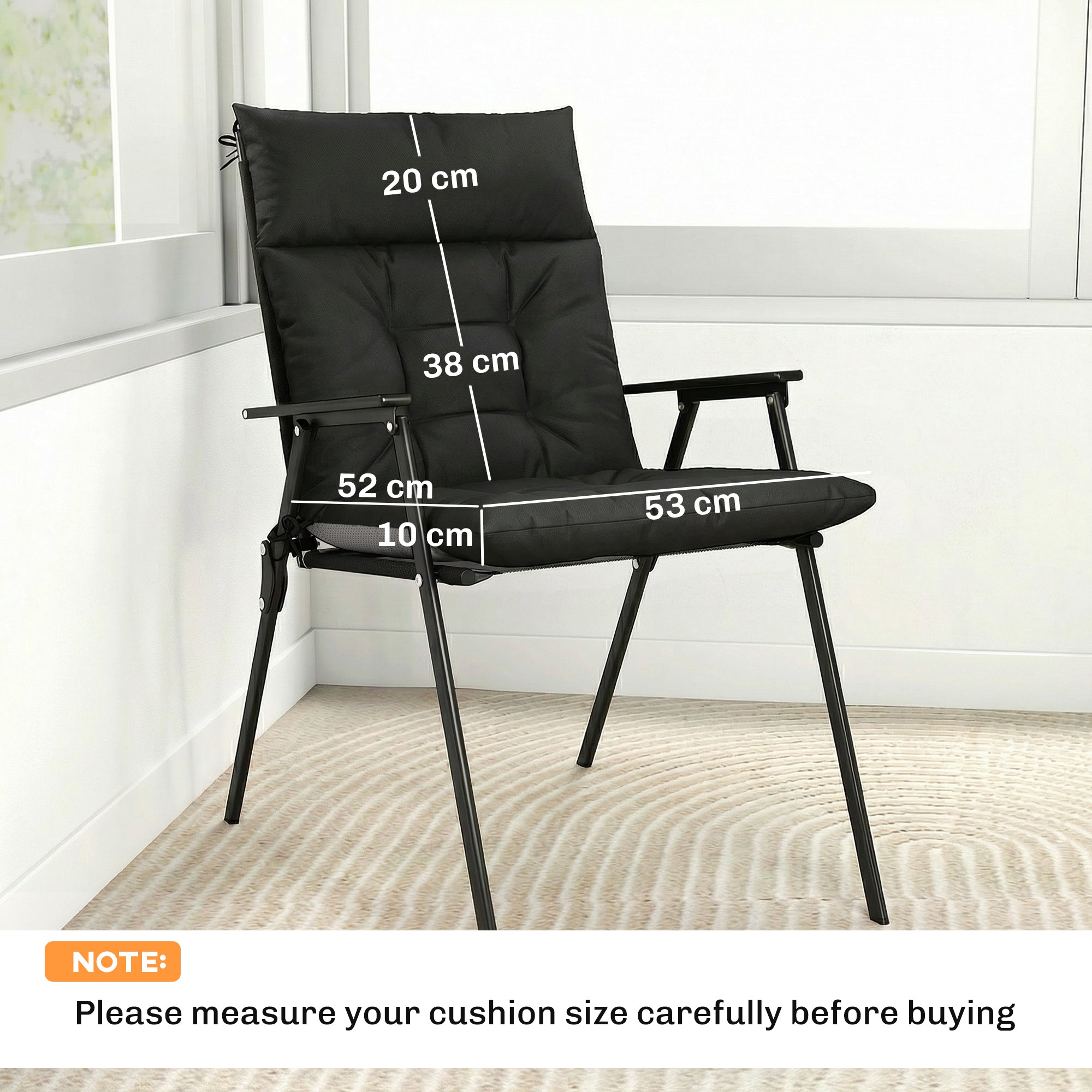 Black cushioned folding chair with metal frame and waterproof triple-section outdoor seat cushions for lounge chairs
