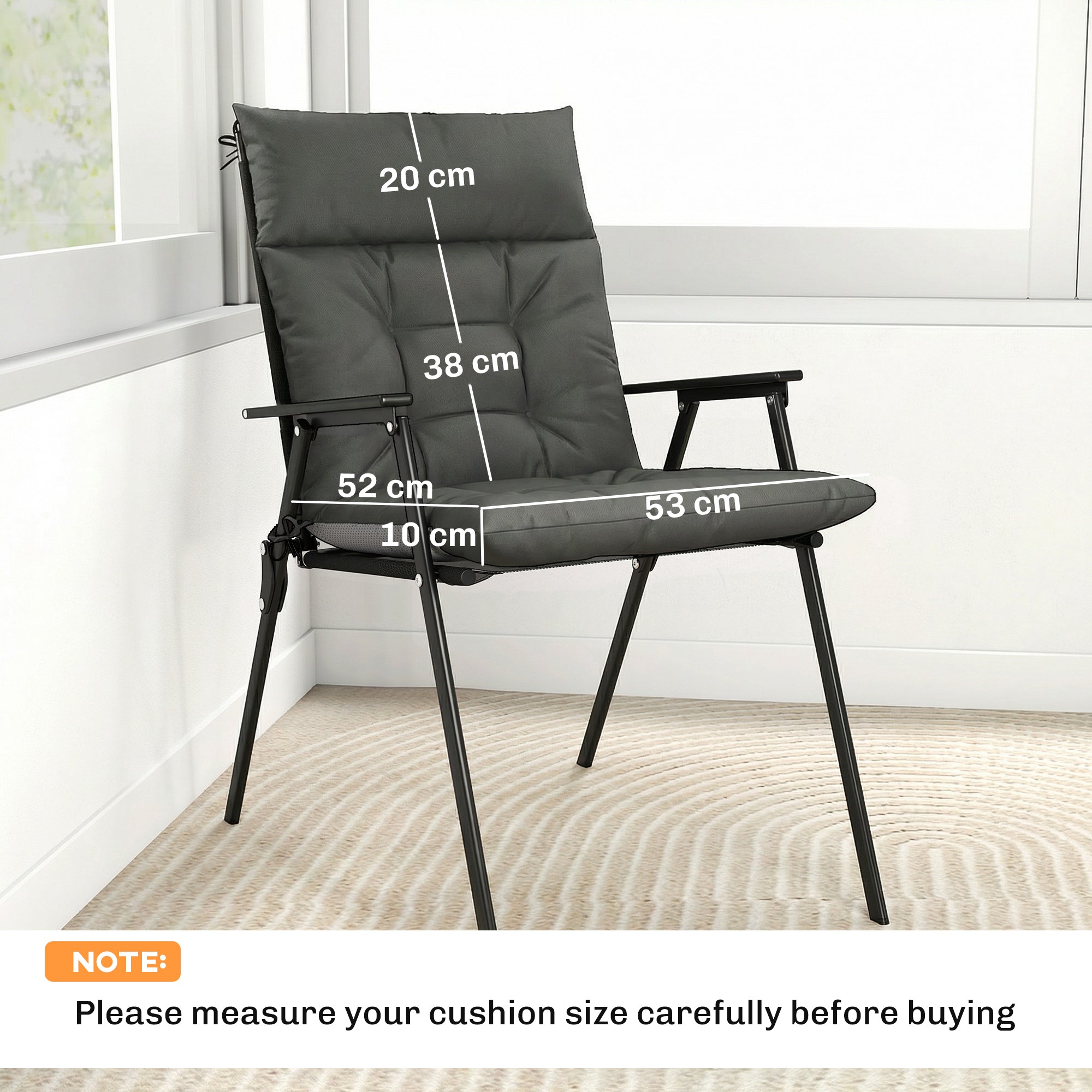 Black padded outdoor seat with dark grey waterproof seat cushion and triple-section design on metal frame chair