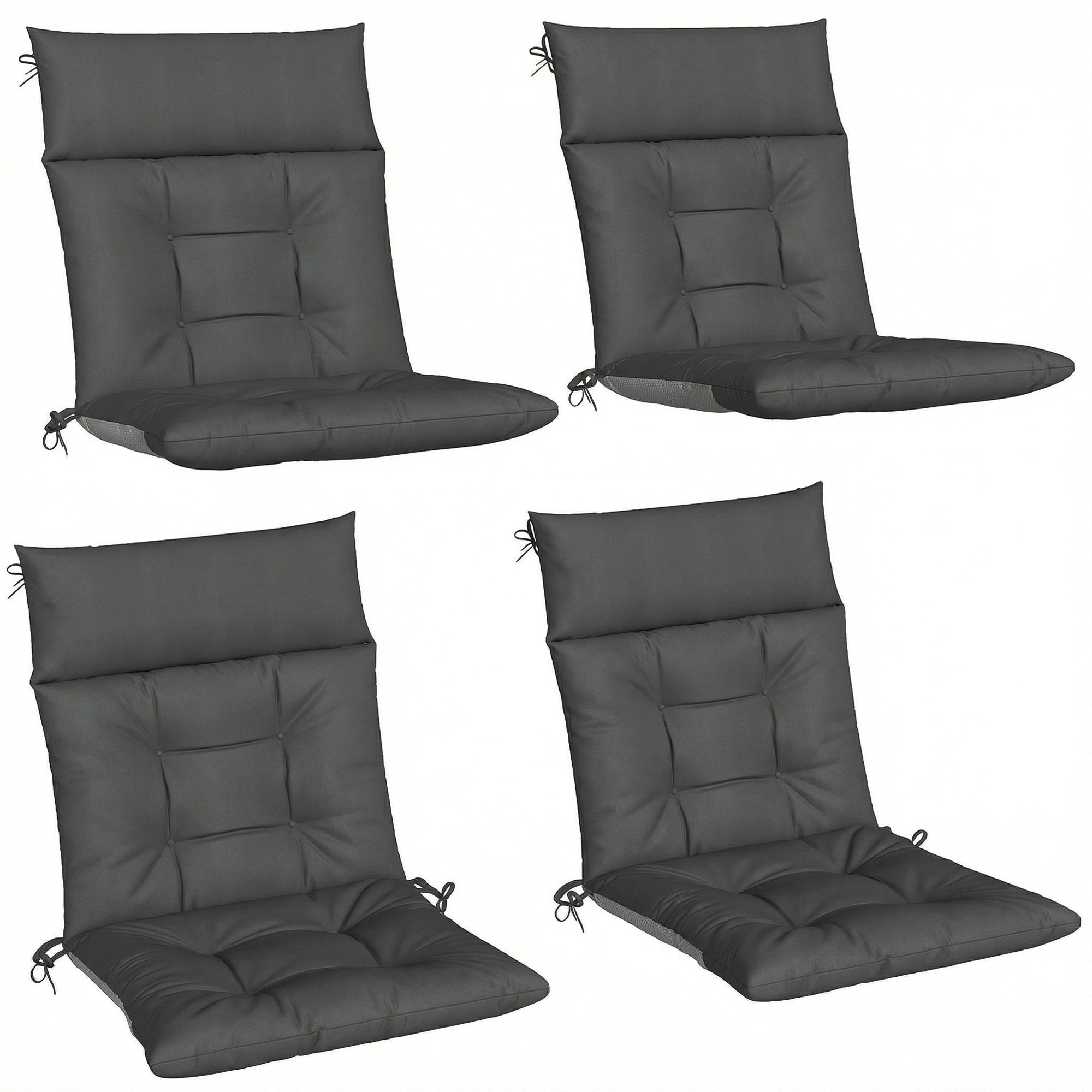 Dark grey quilted outdoor seat cushions with tie-backs triple-section design waterproof non-slip set of 4