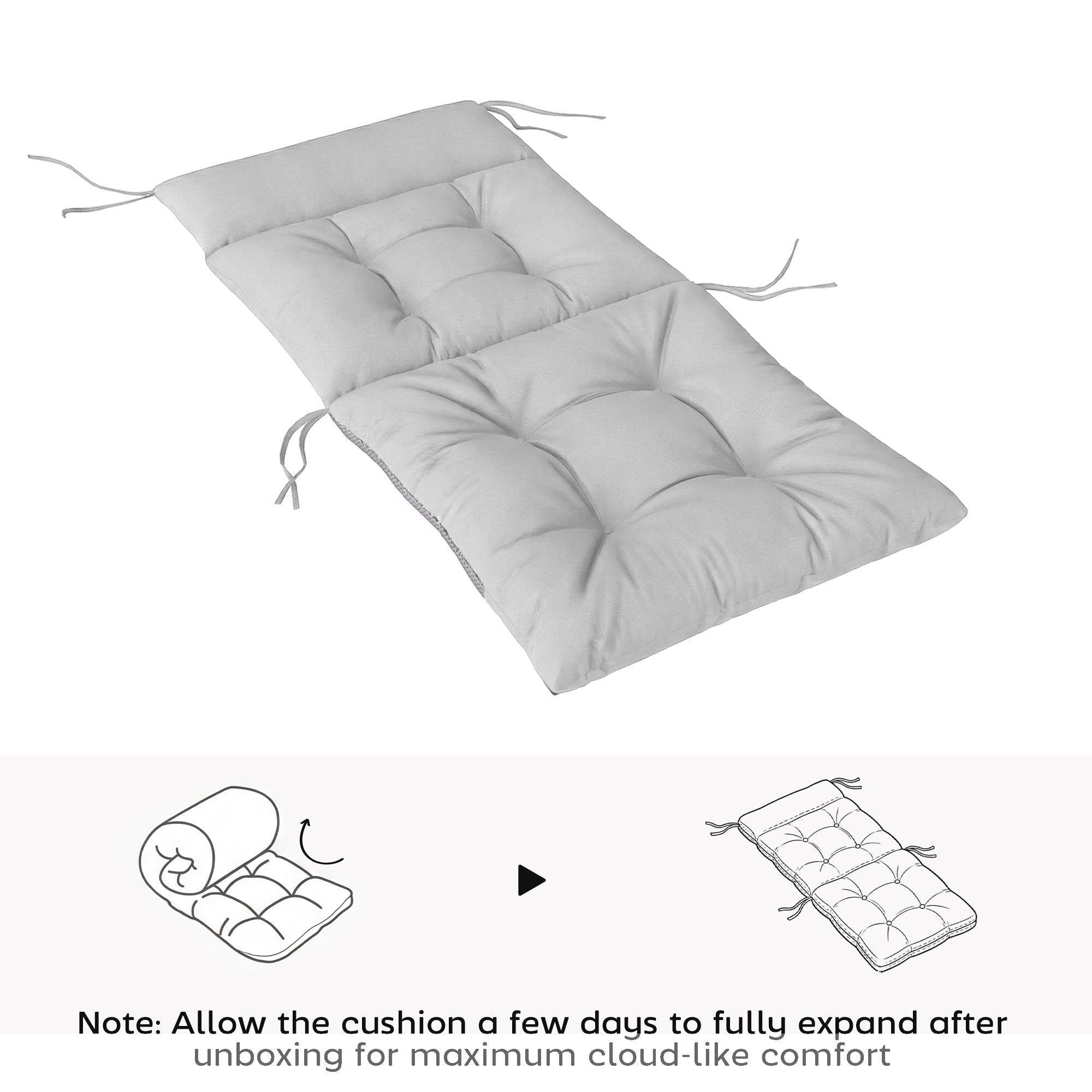 Gray tufted outdoor seat cushion with fabric ties and triple-section design for securing to patio furniture