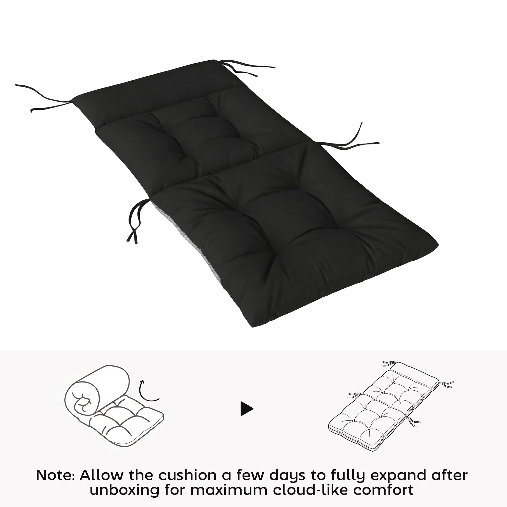 Black tufted outdoor seat cushion with fabric ties for secure fit triple-section design for patio chairs