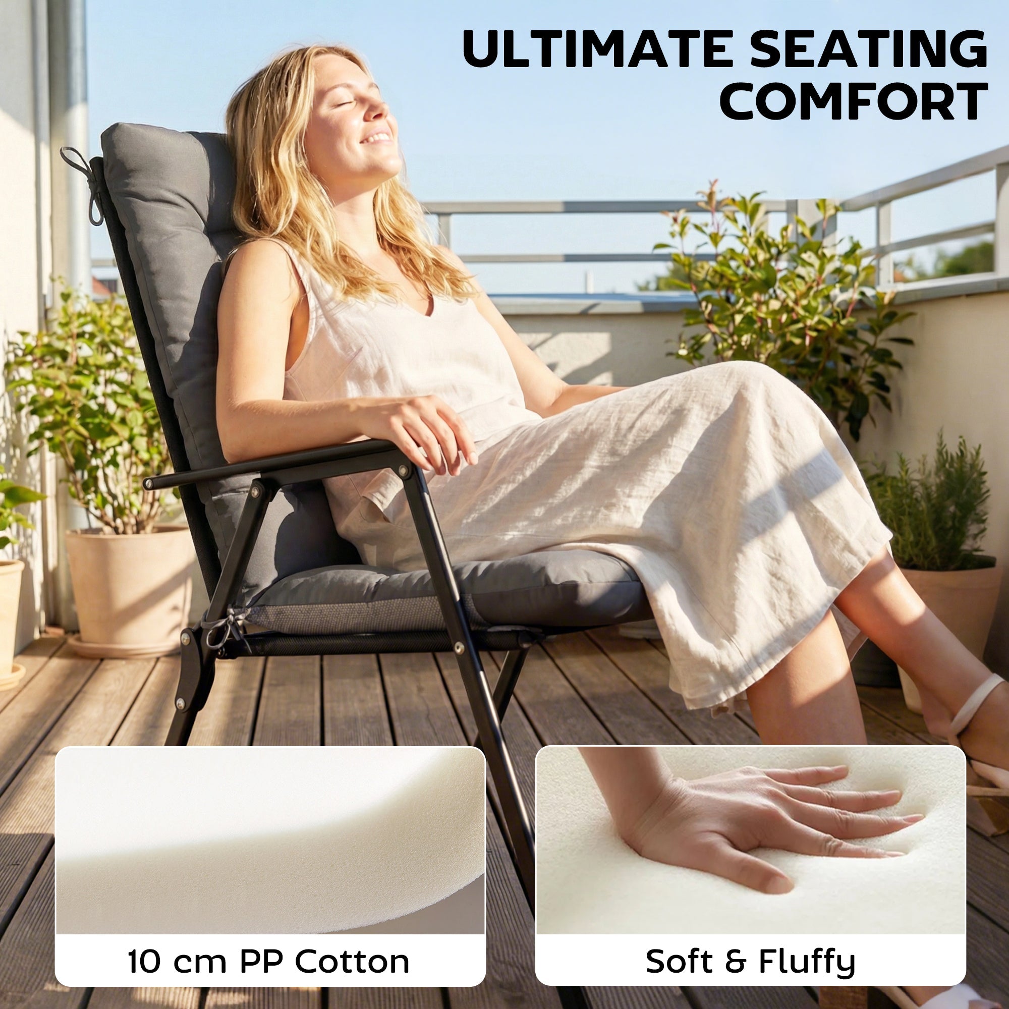 Black-framed outdoor seat with plush gray waterproof seat cushion set featuring a soft 10 cm cotton pad and triple-section design