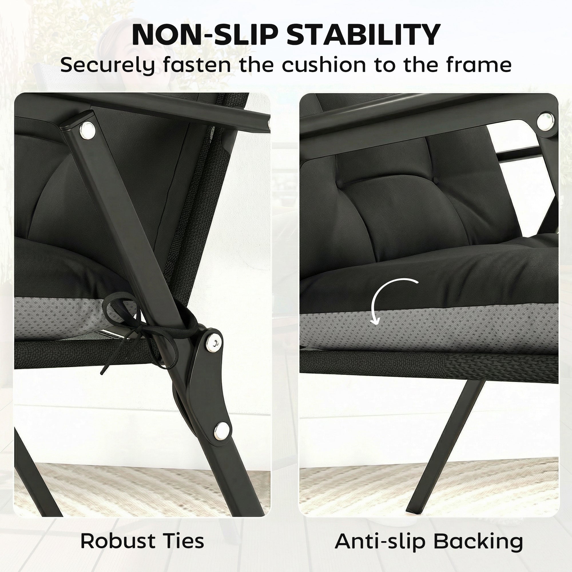 Black outdoors folding chair with cushioned triple-section design seat cushion and sturdy metal frame for outdoor seat use