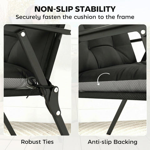 Black outdoors folding chair with cushioned triple-section design seat cushion and sturdy metal frame for outdoor seat use