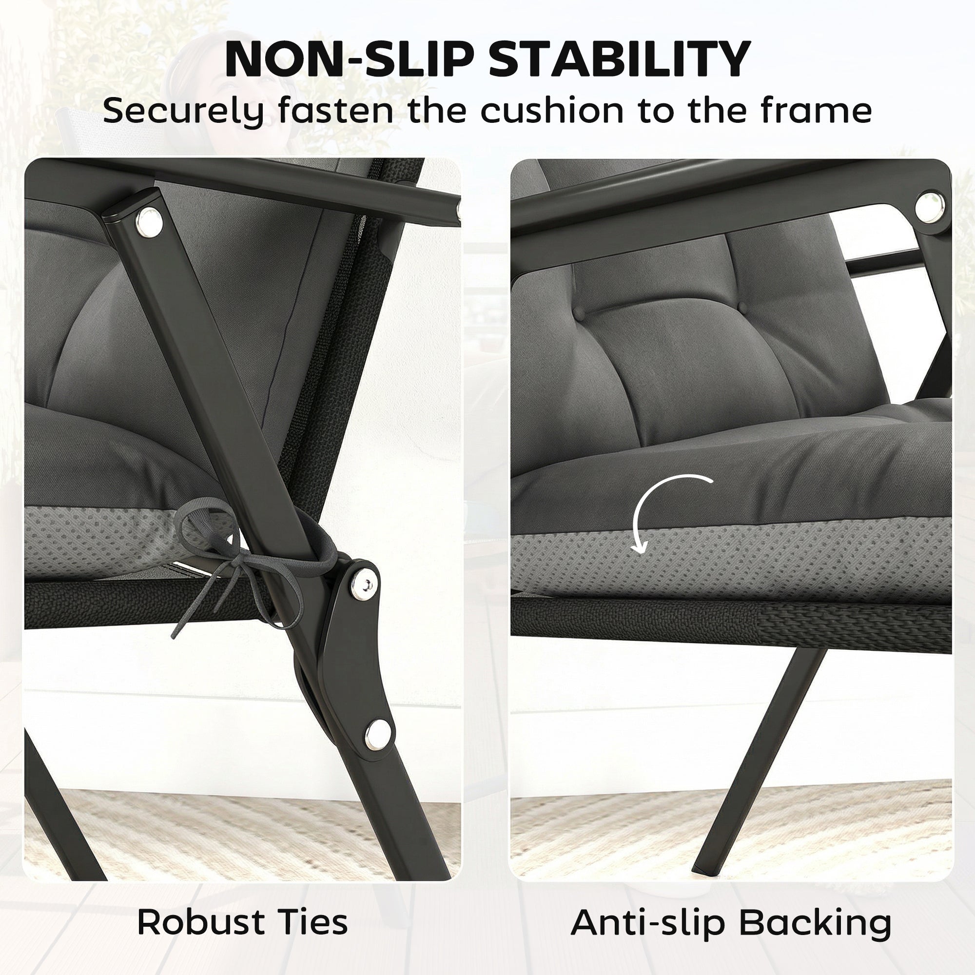 Black outdoor folding chair with cushioned seat and backrest featuring sturdy metal frame and dark grey triple-section seat cushion