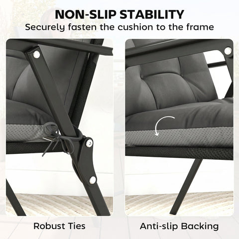 Black outdoor folding chair with cushioned seat and backrest featuring sturdy metal frame and dark grey triple-section seat cushion
