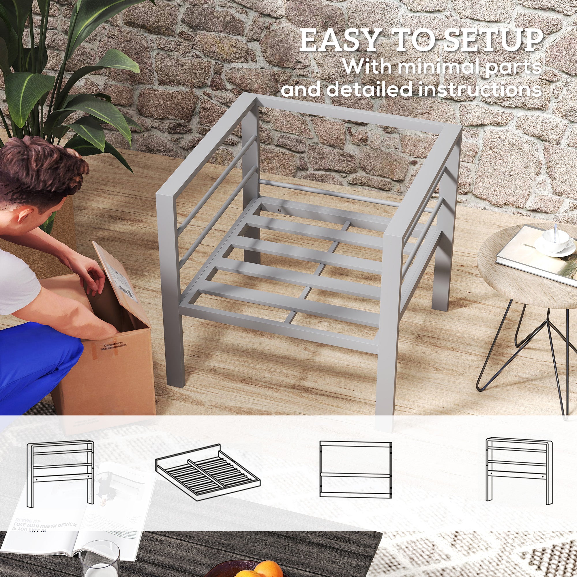 Charcoal grey outsunny patio furniture aluminium armchair with gray metal frame slatted base and polyester fabric cushions