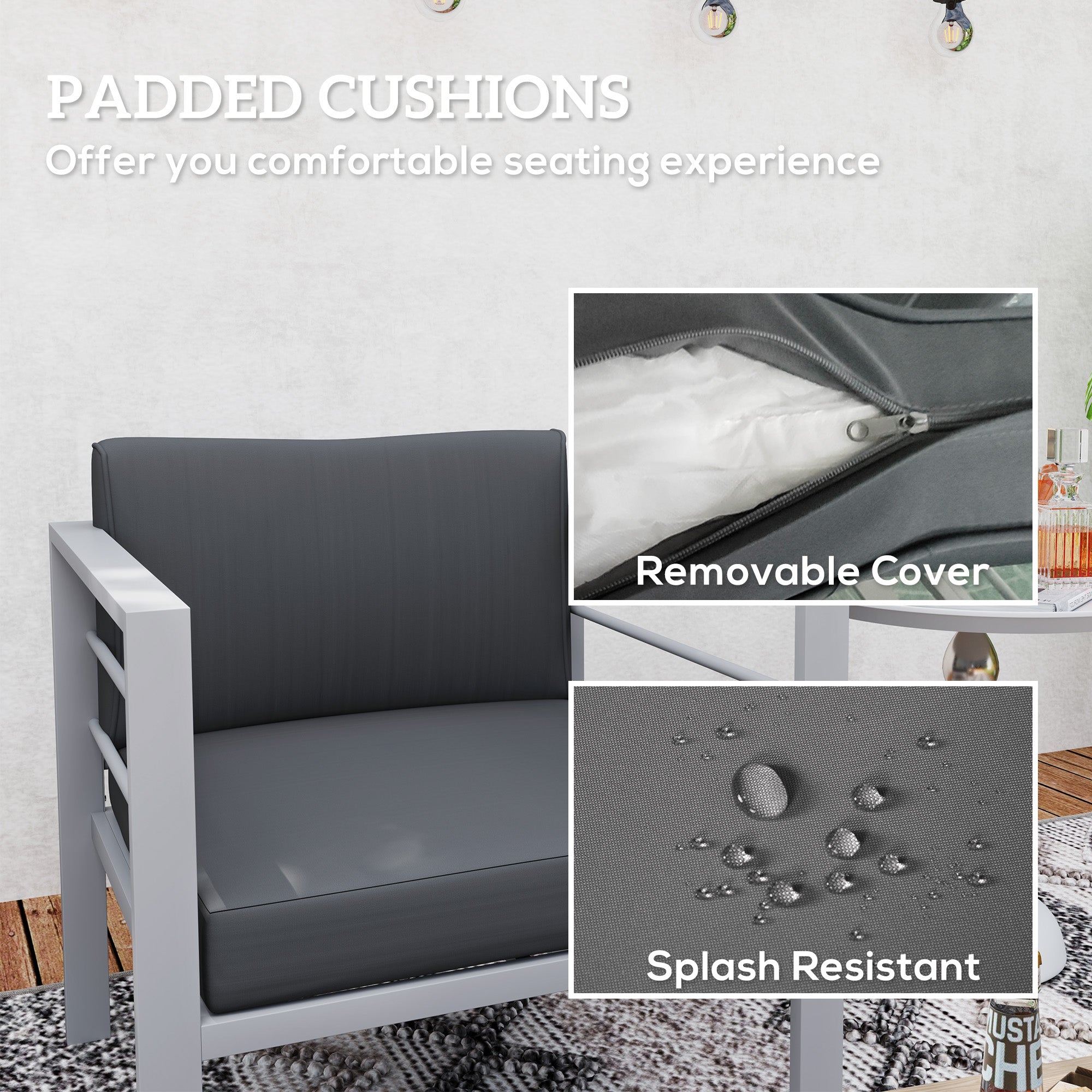 Charcoal grey outdoor sofa cushions with splash-resistant polyester fabric and sponge filling for outsunny armchair