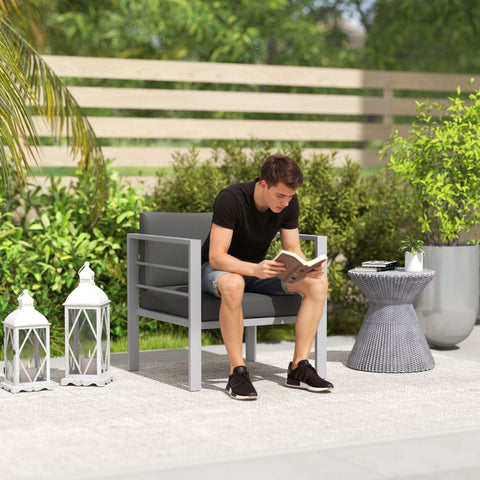 Gray outdoor armchair with charcoal grey polyester fabric cushions and sponge filling on aluminium metal frame for patios