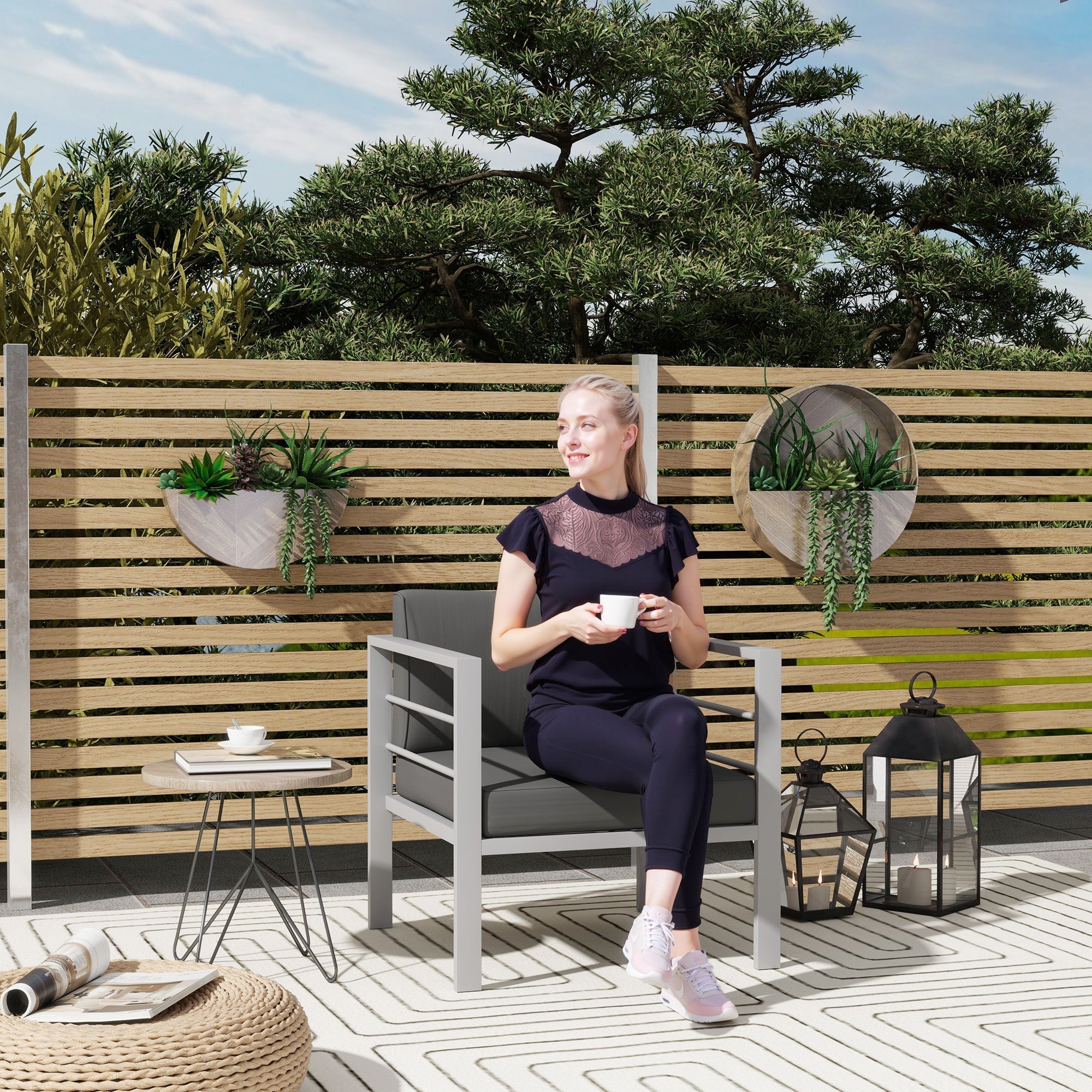 Charcoal grey outsunny aluminium patio armchair with thick polyester fabric cushion and sponge filling for outdoor use