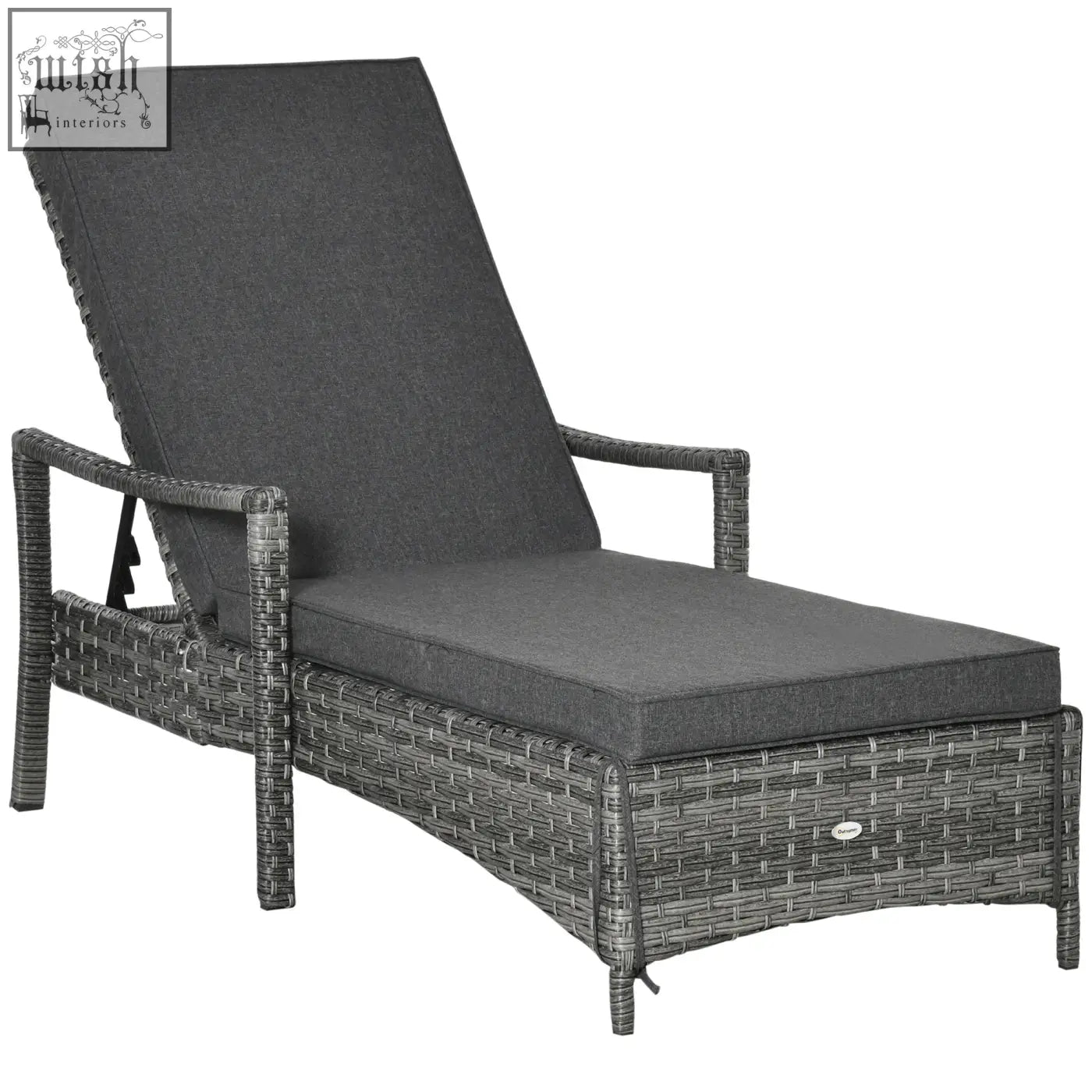 Gray wicker lounge chair with mixed grey rattan and dark gray seat cushion for outdoor patio lounging