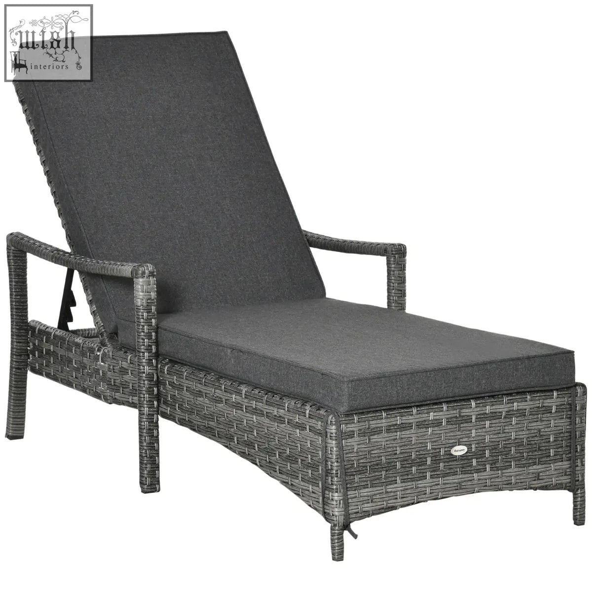 Gray wicker lounge chair with mixed grey rattan and dark gray seat cushion for outdoor patio lounging