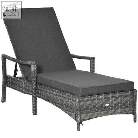 Gray wicker lounge chair with mixed grey rattan and dark gray seat cushion for outdoor patio lounging