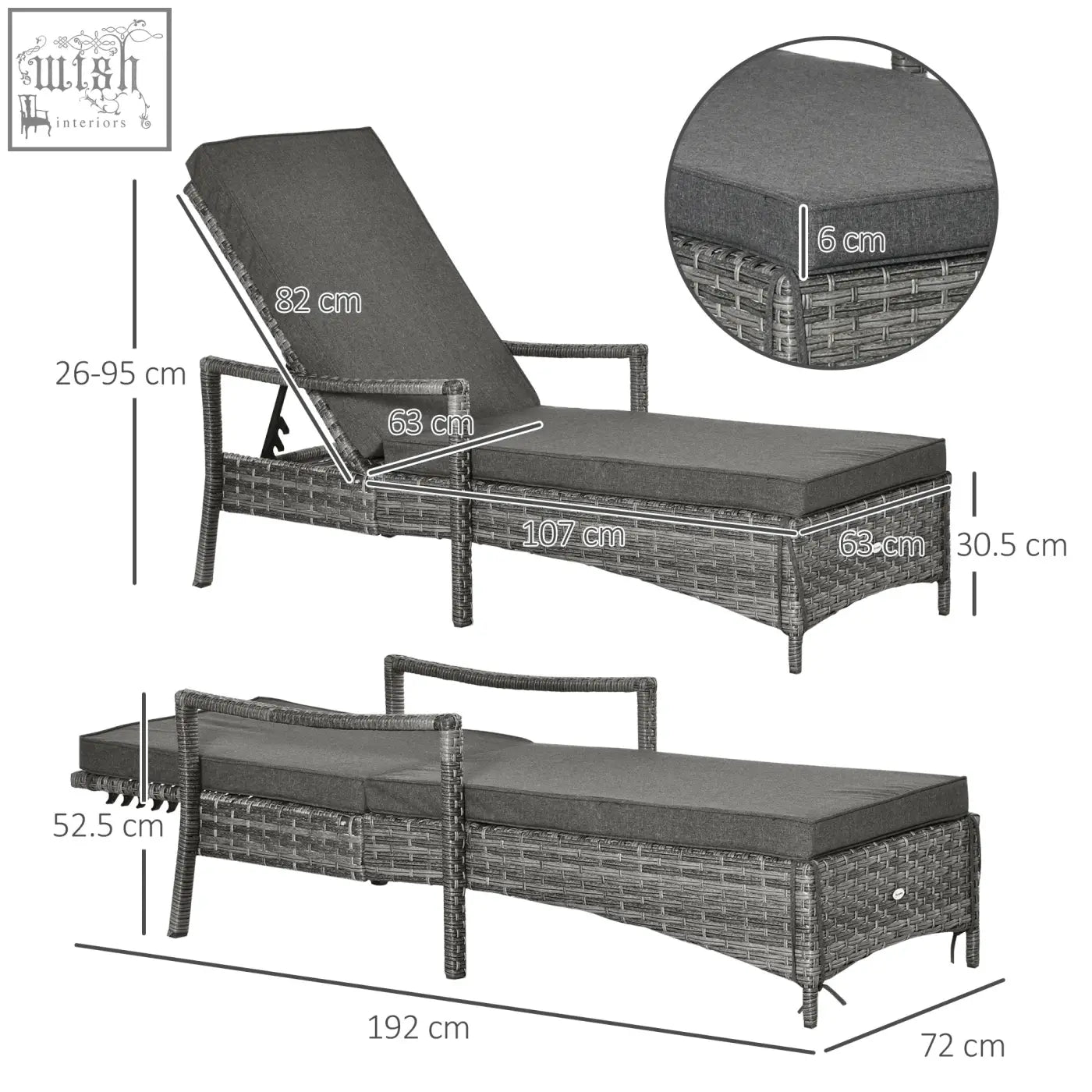 Dark gray cushioned outdoor lounge chair with mixed grey rattan frame and removable seat cushion for patio use