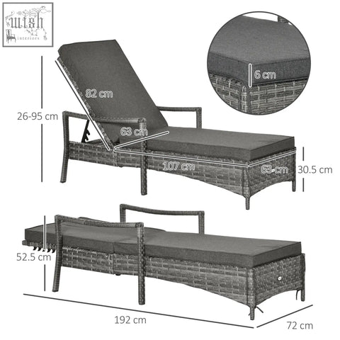 Dark gray cushioned outdoor lounge chair with mixed grey rattan frame and removable seat cushion for patio use