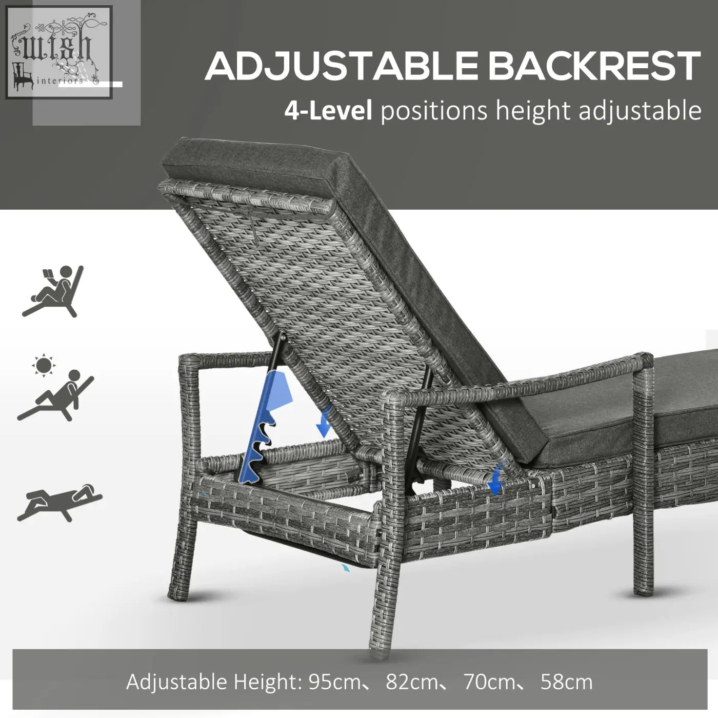 Gray woven mixed grey rattan lounge chair with adjustable backrest and dark gray seat cushion for outdoor use