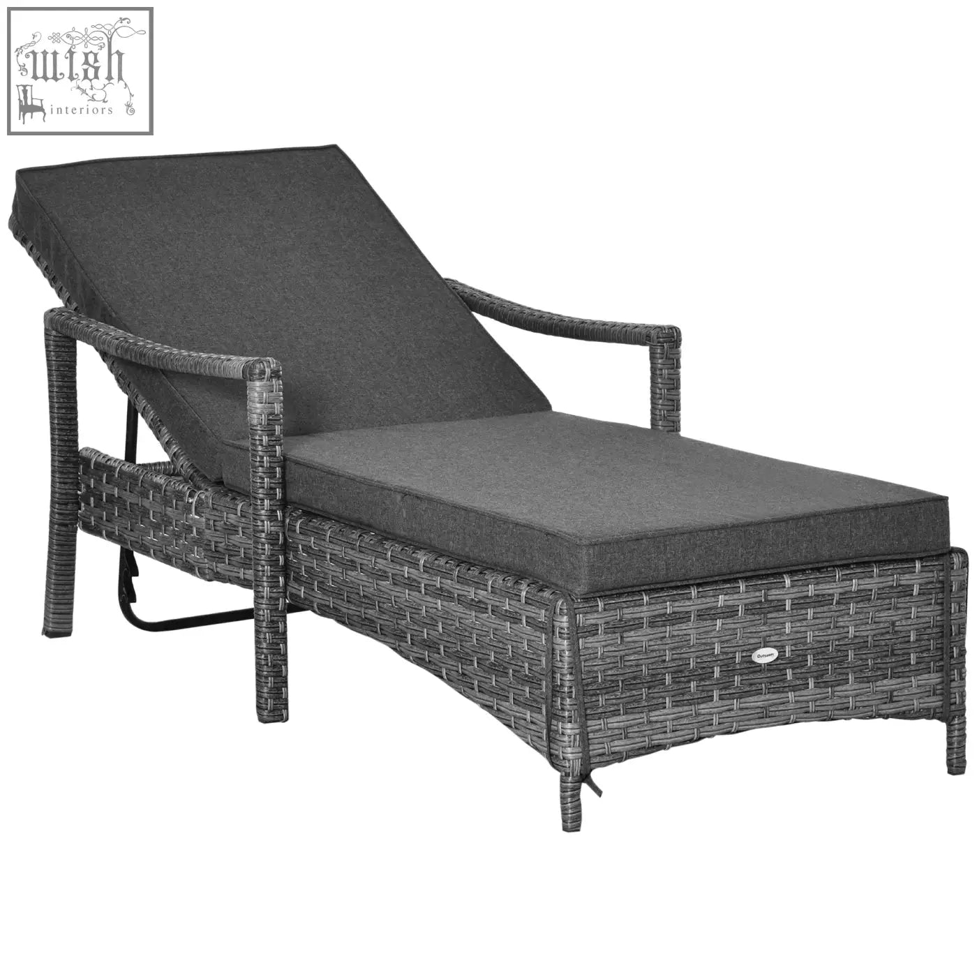 Gray wicker lounge chair with mixed grey rattan and dark gray seat cushion for outdoor patio relaxing
